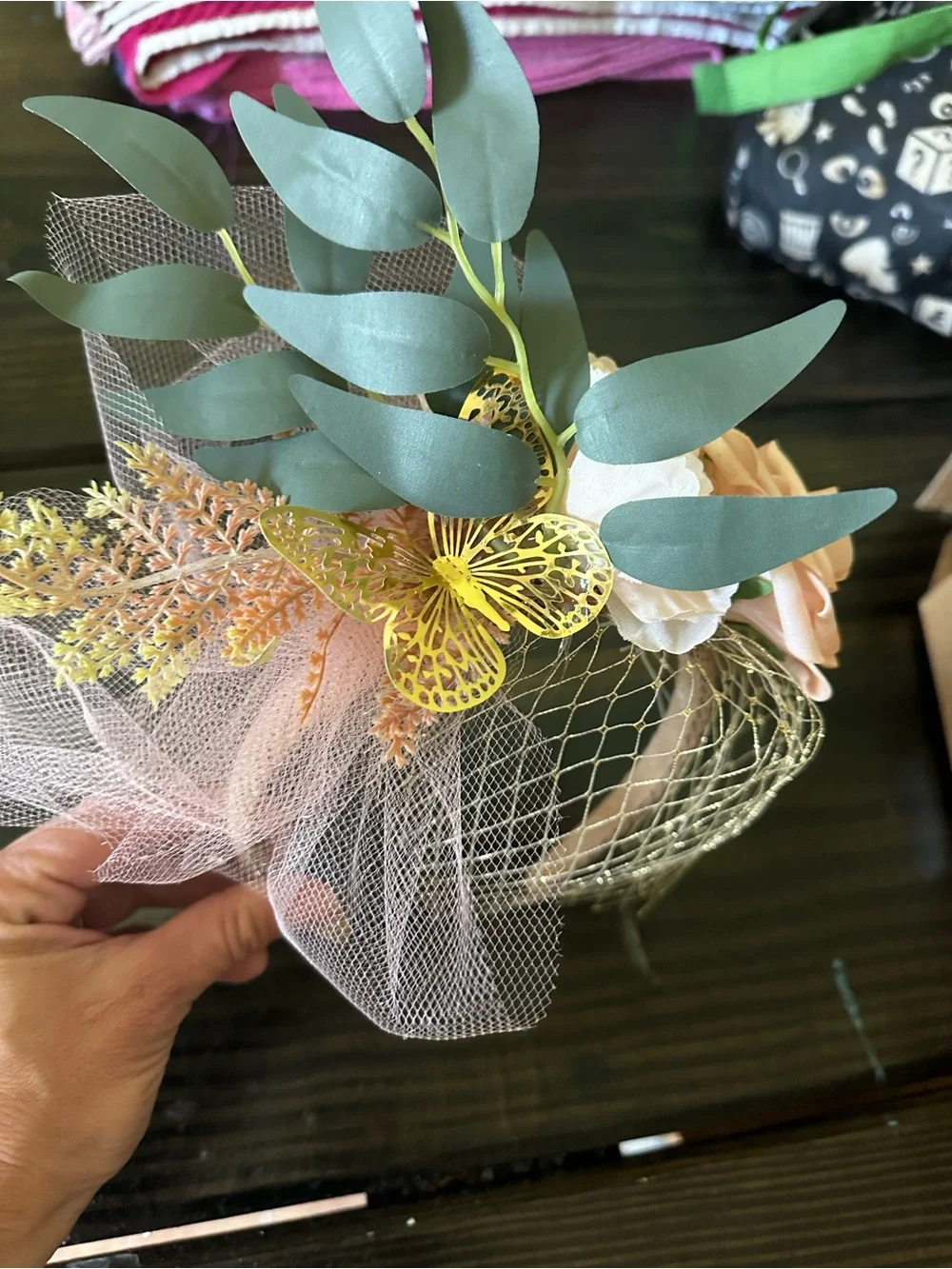 Peach and Ivory Floral Headband Fascinator with Gold Butterfly Accents